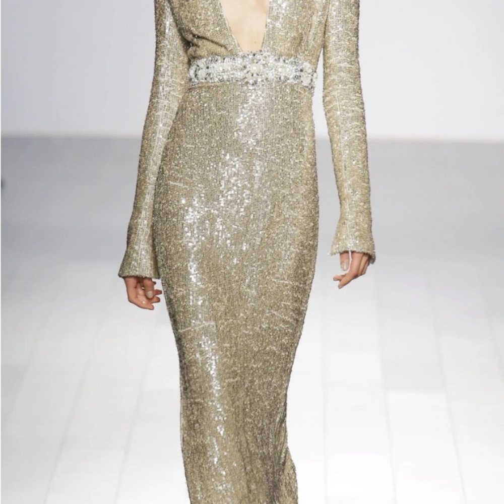 Badgley Mischka Gold Long Sleeve Sequin Dress
